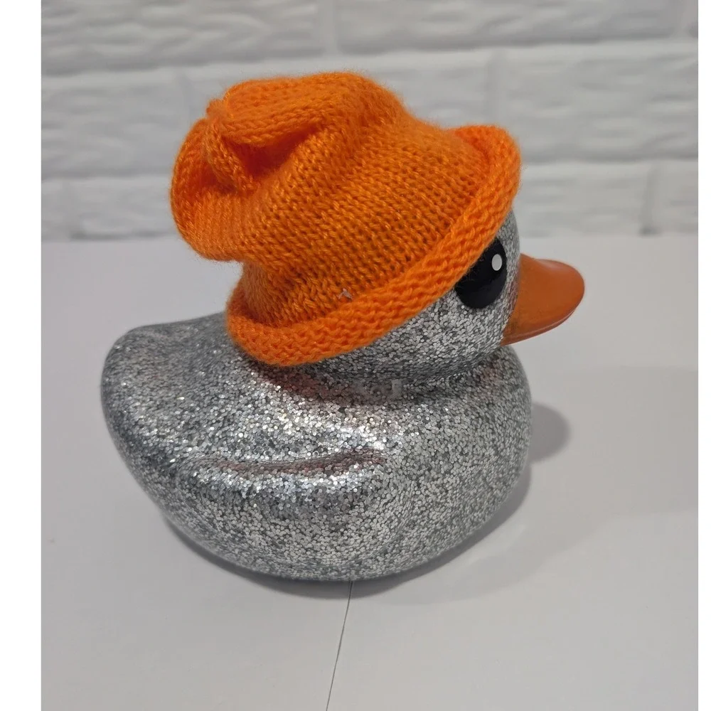 K&K Sales Silver Glitter Large Rubber Jeep Duck with Orange Beanie Hat 7x6 3712